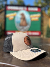 Load image into Gallery viewer, Gobbler&#39;s Knob Leather Patch Khaki and Black Trucker Hat